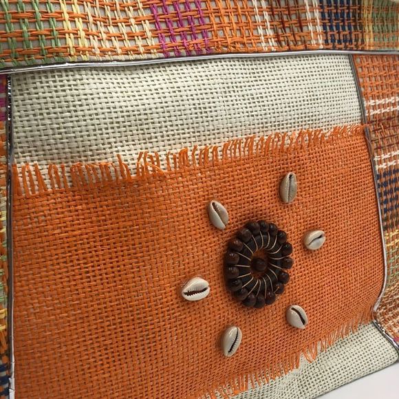 J Francis orange/multicolored woven tote bag with zip top and inside slip pocket - Picture 2 of 6